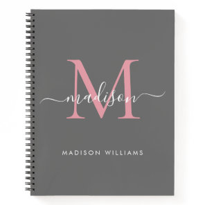 Elegant Gray Blush Pink Girly Monogram Script Name Notebook