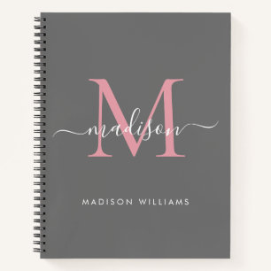 Elegant Gray Blush Pink Girly Monogram Script Name Notebook