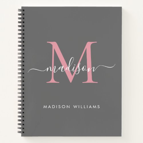 Elegant Gray Blush Pink Girly Monogram Script Name Notebook