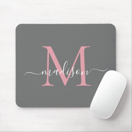 Elegant Gray Blush Pink Monogram Modern Script Mouse Pad