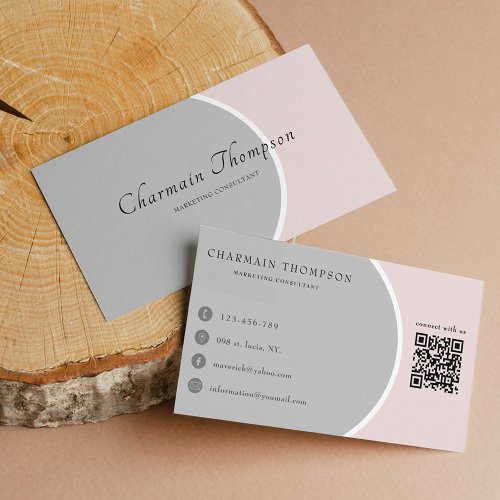 Elegant Gray Blush Pink QR Code Connect with us Business Card