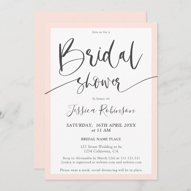 Elegant gray blush pink script chic bridal shower invitation (Front/Back)