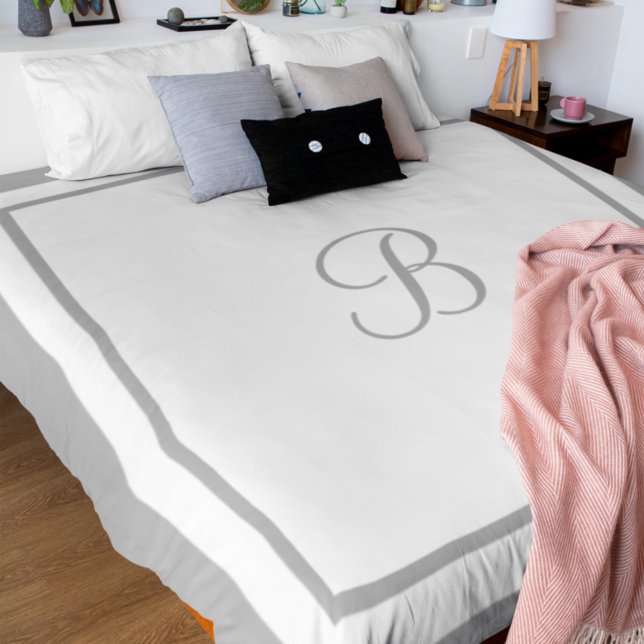 Elegant Gray Border Script Monogram Queen Duvet Cover (Creator Uploaded)