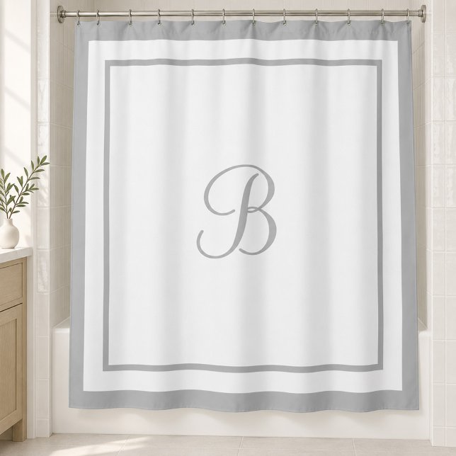 Elegant Gray Border Script Monogram Shower Curtain (Creator Uploaded)