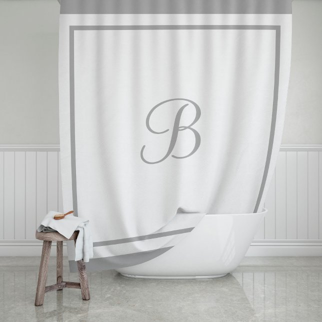Elegant Gray Border Script Monogram Shower Curtain (Creator Uploaded)
