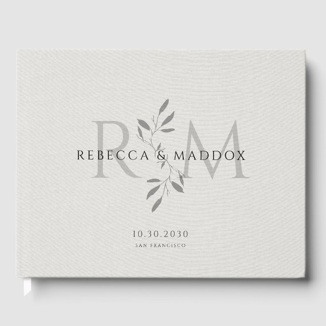 Elegant Gray Botanical Monogram Wedding Guest Book (Front)
