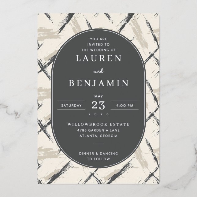 Elegant Gray Brushstroke Wedding Invitation Foil Invitation (Front)