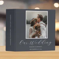 Elegant Gray Calligraphy Photo Our Wedding Album 3 Ring Binder