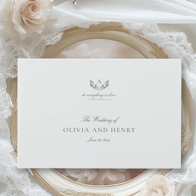 Elegant Gray Calligraphy Script & Monogram Wedding Guest Book (Elegant, simple wedding guest book with mongram, laurel leaves and calligraphy)