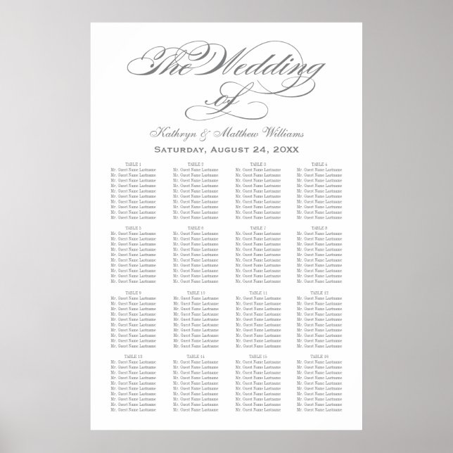 Elegant Gray Calligraphy Wedding Seating Chart (Front)