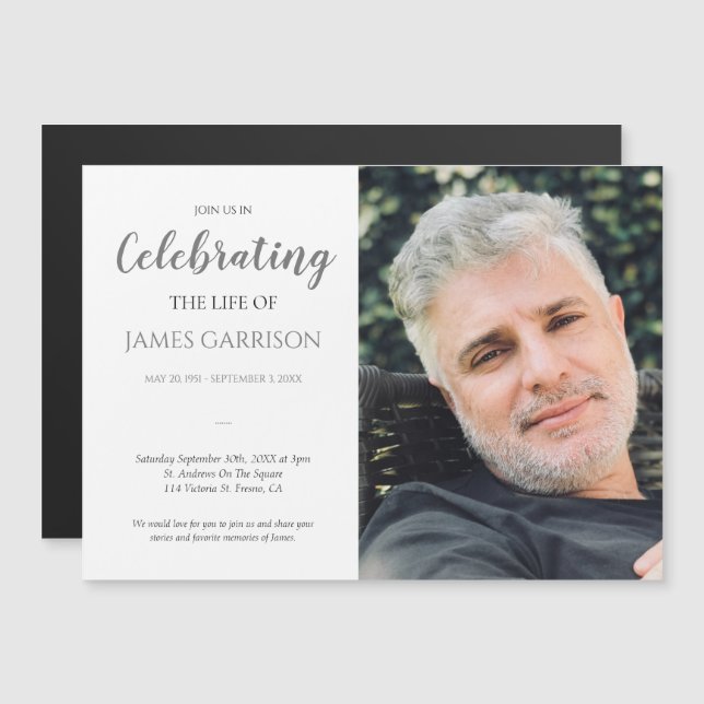 Elegant Gray Celebration of Life Funeral Photo Magnetic Invitation (Front/Back)