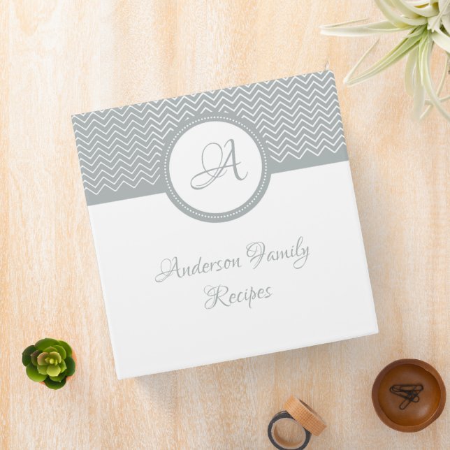 Elegant Gray Chevron Monogram Recipe Binder (In Situ)