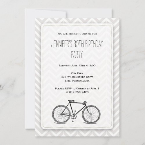 Elegant Gray Chevron Vintage Bicycle Birthday Invitation