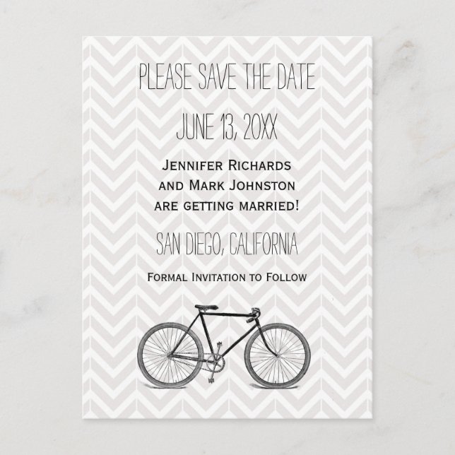 Elegant Gray Chevron Vintage Bicycle Save the Date Announcement Postcard (Front)