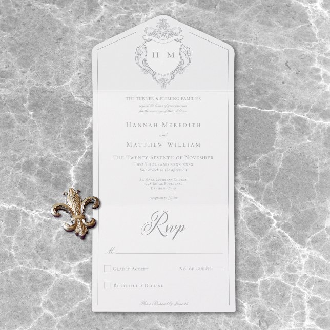 Elegant Gray Chinoiserie Bird Crest Wedding All In One Invitation (Elegant Gray Chinoiserie Bird Crest Wedding All In One Invitation)