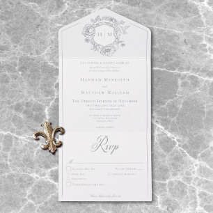 Elegant Gray Chinoiserie Bird Crest Wedding Dinner All In One Invitation