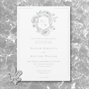 Elegant Gray Chinoiserie Bird & Crest Wedding Invitation