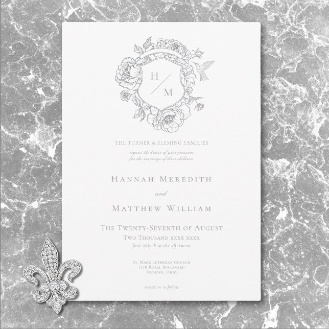 Elegant Gray Chinoiserie Bird & Crest Wedding Invitation (Elegant Gray Chinoiserie Bird & Crest Wedding Invitation)