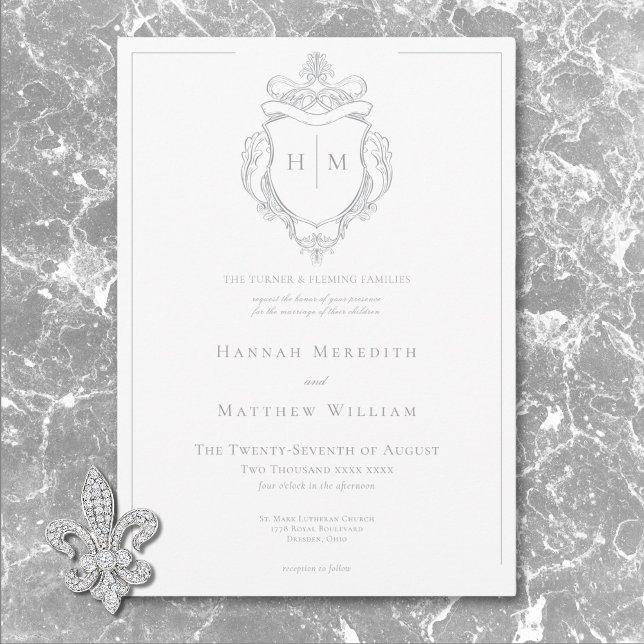 Elegant Gray Chinoiserie Bird & Crest Wedding Invitation (Creator Uploaded)