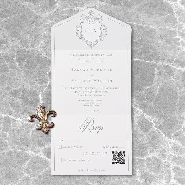 Elegant Gray Chinoiserie Bird Crest Wedding QR All In One Invitation (Elegant Gray Chinoiserie Bird Crest Wedding QR All In One Invitation)