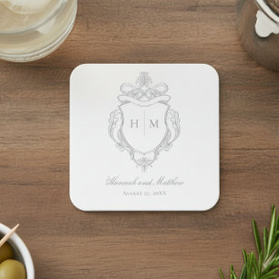 Elegant Gray Chinoiserie Bird Crest Wedding Square Paper Coaster