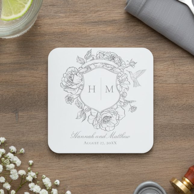 Elegant Gray Chinoiserie Bird Crest Wedding Square Paper Coaster (Creator Uploaded)