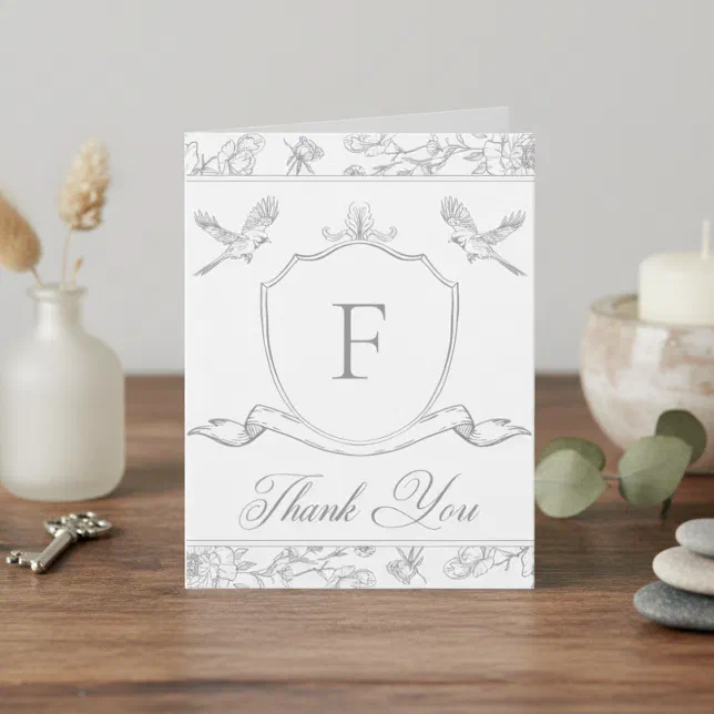 Elegant Gray Chinoiserie Bird & Crest Wedding Thank You Card | Zazzle