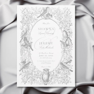 Elegant Gray Chinoiserie Nature & Birds Wedding Invitation