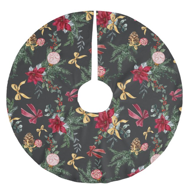 Elegant Gray Christmas Botanical Greenery Pattern Brushed Polyester Tree Skirt (Front)