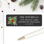 Elegant Gray Christmas Greenery Return Address Label<br><div class="desc">Elegant Christmas address labels feature a simple watercolor winter greenery arrangement with green holly leaves,  red berries,  gray eucalyptus branches,  and pine sprigs. Personalize with your family's last name and return address text. Includes red,  green,  and neutral taupe gray colors on a dark charcoal gray background.</div>