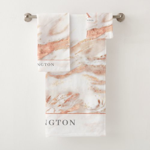 Elegant Gray Copper Rose Gold Foil Marble Monogram Bath Towel Set