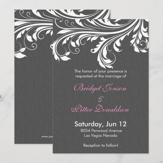 Elegant Gray Damask And White Swirls Wedding Invitation (Front/Back)