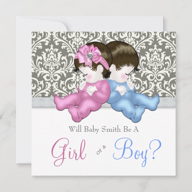 Elegant Gray Damask Gender Reveal Shower Invitation (Front)