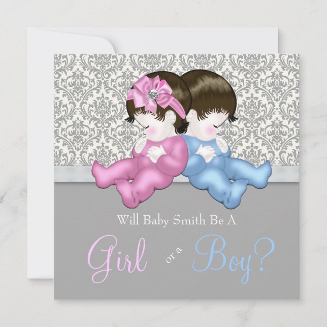 Elegant Gray Damask Gender Reveal Shower Invitation (Front)
