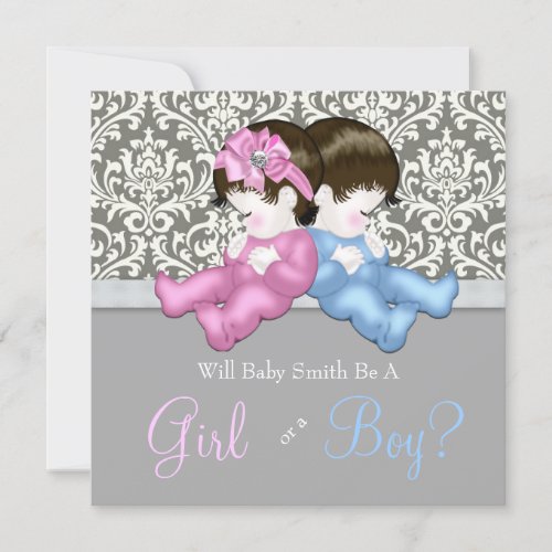 Elegant Gray Damask Gender Reveal Shower Custom Invites