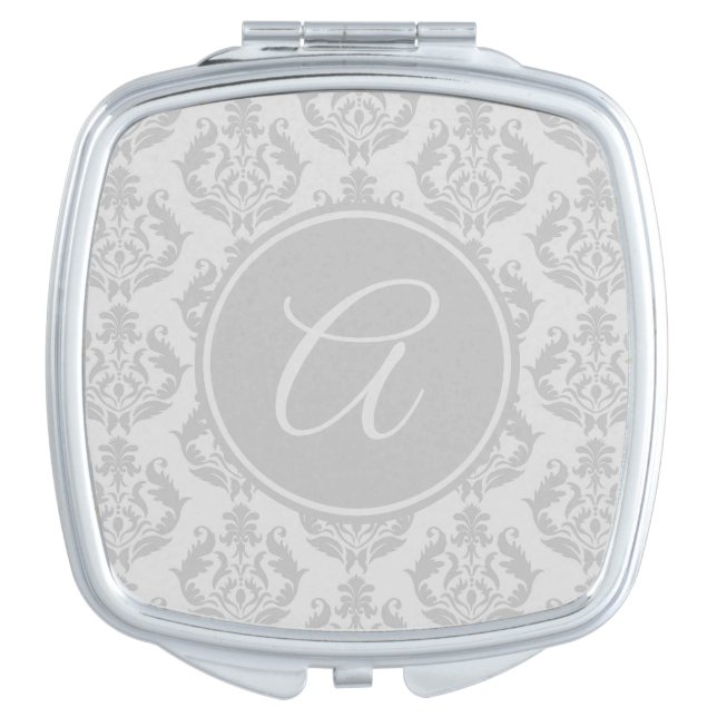 Elegant Gray Damask Monogram Makeup Mirror (Front)
