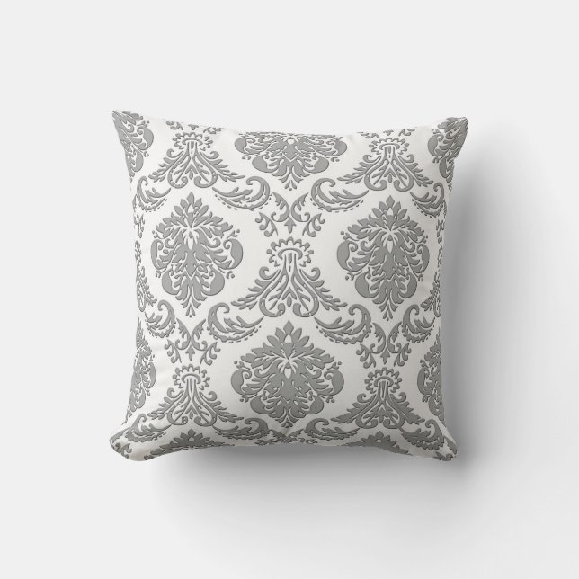 Elegant Gray Damask Pattern Art Throw Pillow (Front)