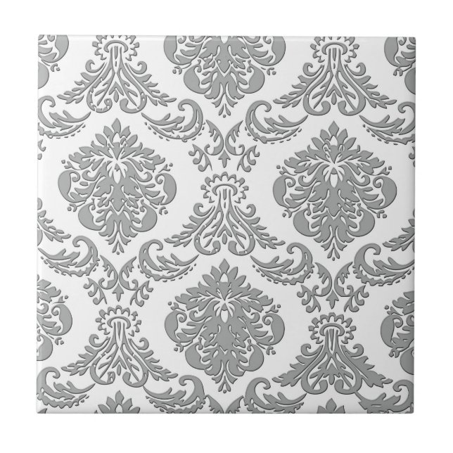 Elegant Gray Damask Pattern Art Tile (Front)