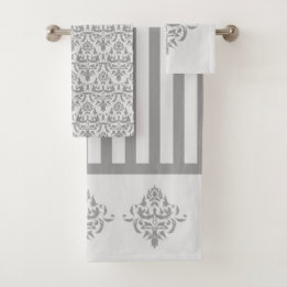 Elegant Gray Damask Simple Stripe Pattern Bath Towel Set