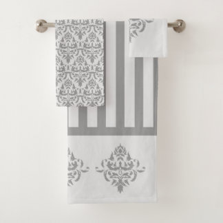 Elegant Gray Damask Simple Stripe Pattern Bath Towel Set