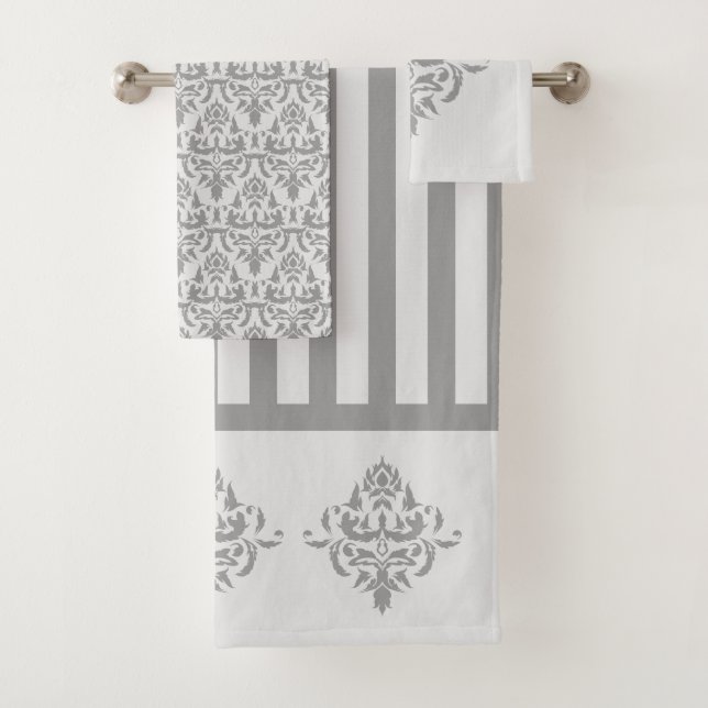 Elegant Gray Damask Simple Stripe Pattern Bath Towel Set (Insitu)
