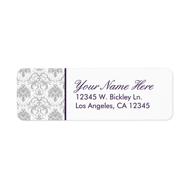 Elegant Gray Damask with Eggplant Purple Text Label (Front)