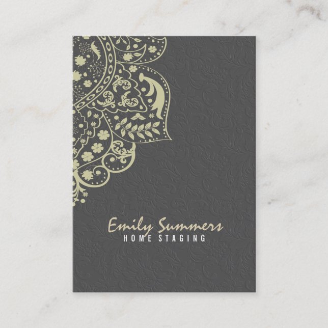 Elegant Gray Damasks Beige Vintage Lace Business Card (Front)
