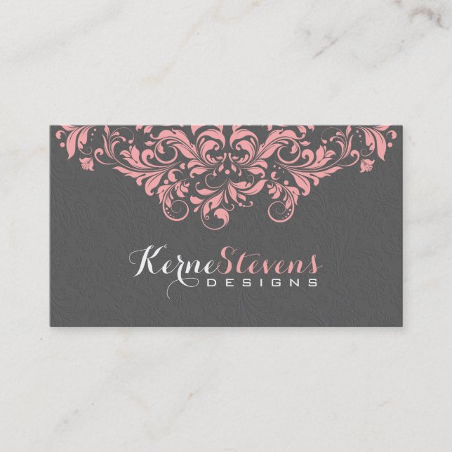 Elegant Gray Damasks & Pink Lace Swirls Business Card (Front)
