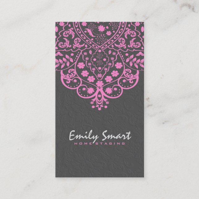 Elegant Gray Damasks Pink Vintage Lace Business Card (Front)