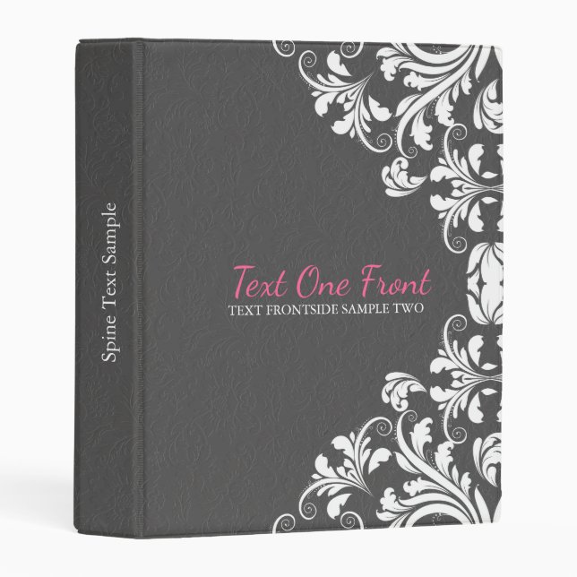 Elegant Gray Damasks White Floral Lace Mini Binder (Front/Spine)