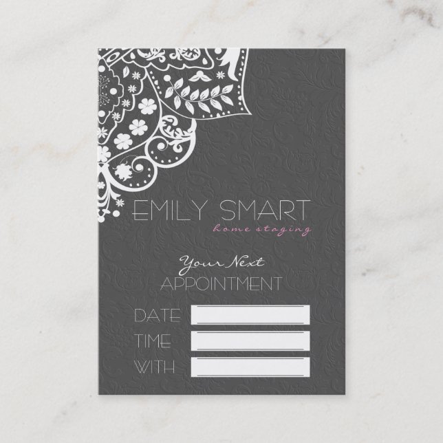 Elegant Gray Damasks White Lace Appointment Card (Front)