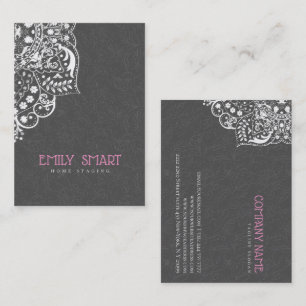 Elegant Gray Damasks White Lace Business Card