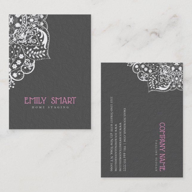 Elegant Gray Damasks White Lace Business Card (Front/Back)