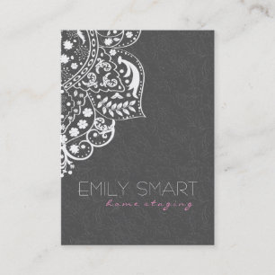 Elegant Gray Damasks White Lace Reversible Business Card